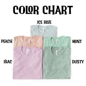 Puede incluir: Una carta de colores muestra seis camisetas dobladas en varios tonos pastel. Los colores est&aacute;n etiquetados: Azul Hielo, Melocot&oacute;n, Lila, Menta y Dusty. El texto "COLOR CHART" est&aacute; en la parte superior en letras negras en negrita.