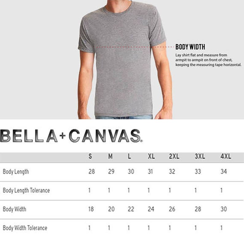 Puede incluir: Una tabla de tallas para camisetas Bella + Canvas, que muestra las medidas en pulgadas para la longitud y el ancho del cuerpo, con tolerancias para cada talla de S a 4XL.