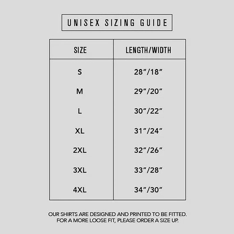 May include: Unisex sizing guide for shirts with measurements in inches. The chart shows sizes S through 4XL with corresponding length and width measurements.