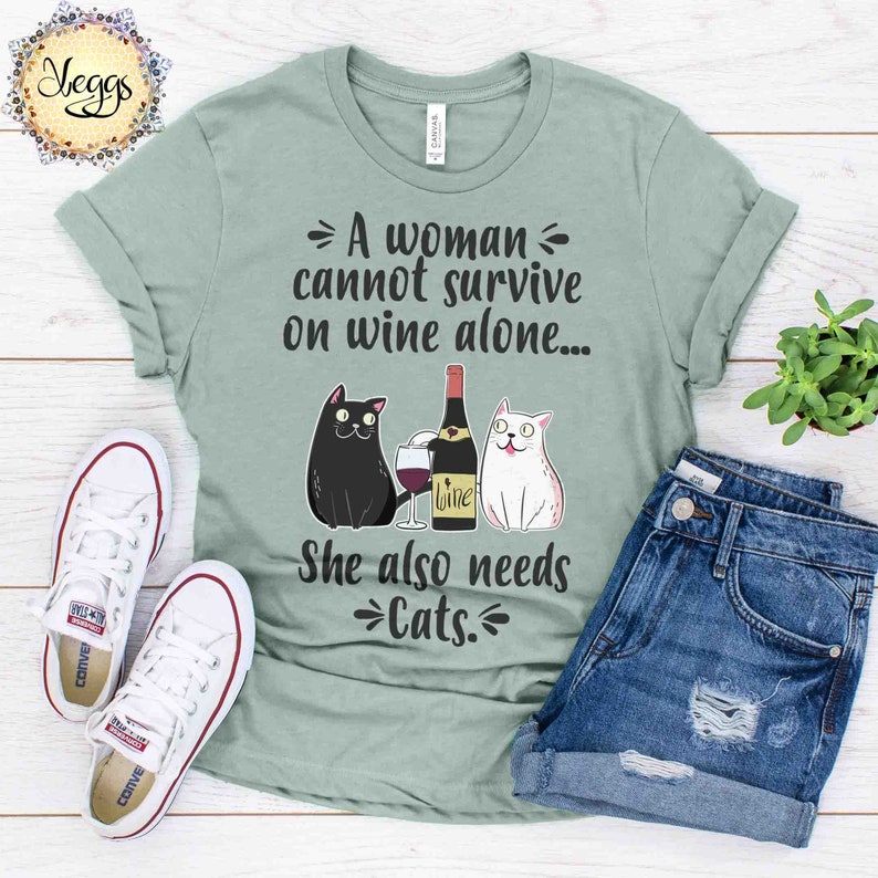 Kat en Wijn T-shirt - Cat Lover Gift Vrouwen - Wine Lover Gift voor Vrouwen - Wijn Geschenken - Cat Lover Gift - Cat Mom Shirt - Cat en Wine Shirt Heather Prism Dusty