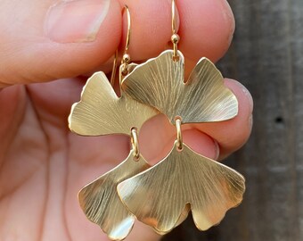 14 karat gold, ginkgo leaf earrings