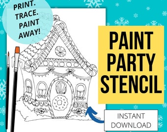 Christmas Gingerbread House DIY Paint Party Printable| Pre-drawn Outline Canvas | Digital Paint and Sip Stencil | Pre-sketched