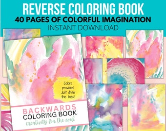 Printable Backwards Coloring Book, Abstract Reverse Coloring Book, Colors Provided, You Draw the Lines - Instant Creativity Brainstorm