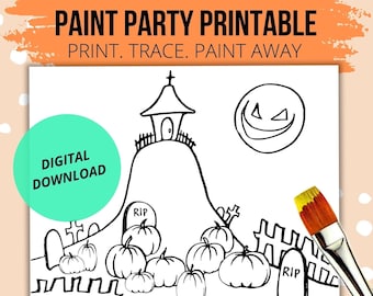 Haunted Church on Hill DIY Paint Party Printable| Pre-drawn Outline Canvas | Digital Paint and Sip Stencil |Adult Painting | Halloween