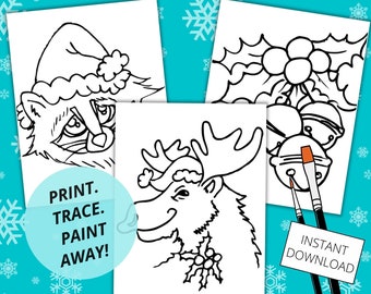 Christmas Paint Party Stencils, Moose, Raccoon, Holly Bells (PDF)