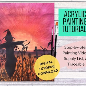 Fall Scarecrow Canvas Painting Tutorial, Instant Download, learn how to paint with acrylics, art video lessons for beginners, Halloween art