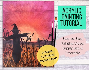 Fall Scarecrow Acrylic Painting Tutorial, Beginner Art Lesson (Digital Download)