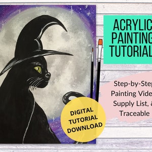 Halloween Black Cat Canvas Painting Tutorial, Instant Download, learn how to paint with acrylics, art video lessons for beginners