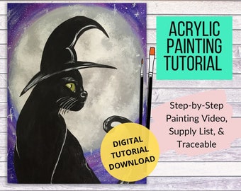 Halloween Black Cat Canvas Painting Tutorial, Instant Download, learn how to paint with acrylics, art video lessons for beginners