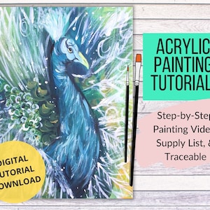 Peacock Digital Painting Tutorial, Instant Download, Paint Party Printable, paint with acrylics, art video lessons, blue green feathers