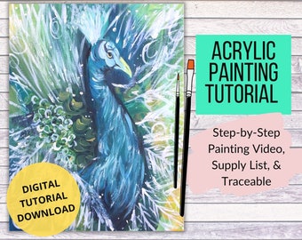 Peacock Digital Painting Tutorial, Instant Download, Paint Party Printable, peinture à l'acrylique, leçons vidéo d'art, plumes vertes bleues