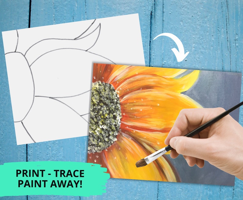 sunflower acrylic painting tutorial for beginners printable, step by step online tutorial, art video lessons, instant download, paint party printable