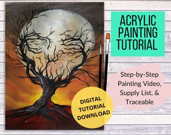 Skeleton Tree Acrylic Painting Tutorial, Halloween Optical Illusion (Digital Download)