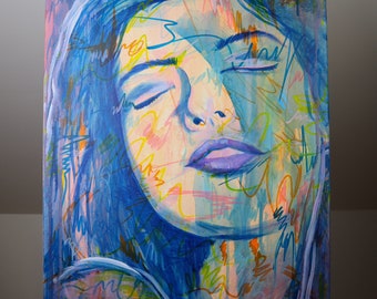 Blue Abstract Realism Woman Street Art Original Mixed Media Painting on Canvas