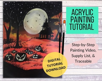 Haunted House Pumpkin Patch Acrylic Painting Tutorial (Digital Download)
