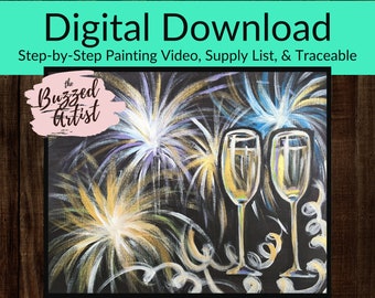 New Years Eve Champagne & Fireworks Canvas Painting Tutorial, Instant Download, learn how to paint with acrylics, art video lessons