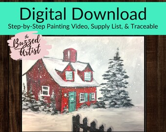 Red House in Winter Canvas Painting Tutorial, Instant Download, Paint Night, Paint with acrylics, art video lessons for beginners, Christmas