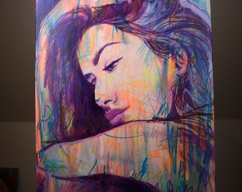 Purple Graphic Abstract Realism Woman Street Art Original Painting on Canvas