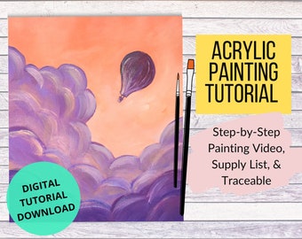 Hot Air Balloon Canvas Painting Tutorial, Instant Download, Paint Night, Paint with acrylics, art video lessons for beginners, sunset art