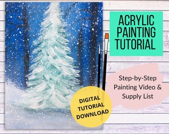 Snowy Christmas Tree Canvas Painting Tutorial, Instant Download, learn how to paint with acrylics, art video lessons for beginners