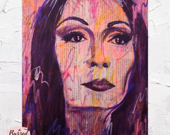 Morticia Adams Gothic Abstract Street Art Original Mixed Media Painting on Newsprint & Canvas // Halloween painting