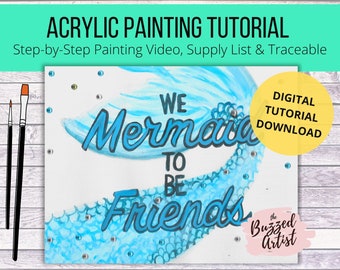 Mermaid Tail Canvas Painting Tutorial, Instant Download, Paint Night, Paint with acrylics, art video lessons for beginners, Summer art