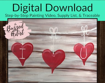 Valentines on a String Canvas Painting Tutorial, Instant Download, learn how to paint with acrylics, art video lessons for beginners