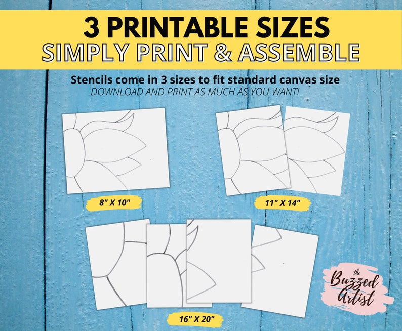 sunflower acrylic painting tutorial for beginners printable, step by step online tutorial, art video lessons, instant download, paint party printable - 3 stencils included for standard canvas sizes
