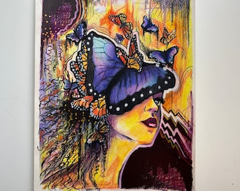 Abstract Butterfly Girl Portrait Painting, Mixed Media on paper, Surreal Pop Art Style, Monarch Art Expressionism