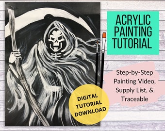 Grim Reaper Canvas Painting Tutorial, Instant Download, learn how to paint with acrylics, art video lessons for beginners, Halloween art