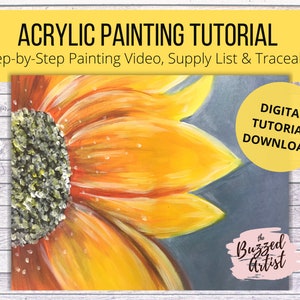 Sunflower Acrylic Painting Tutorial, Instant Download, Paint Party Printable, How to paint with acrylics, art video lessons for beginners