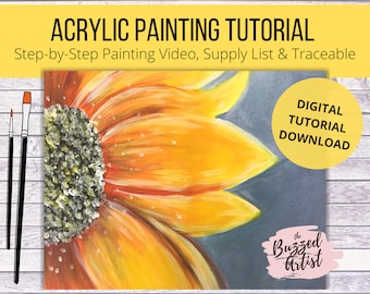 Sonnenblumen Acrylmalerei Tutorial, Sofort Download, Paint Party Printable, Wie man mit Acrylfarben malt, Kunstvideo-Lektionen für Anfänger