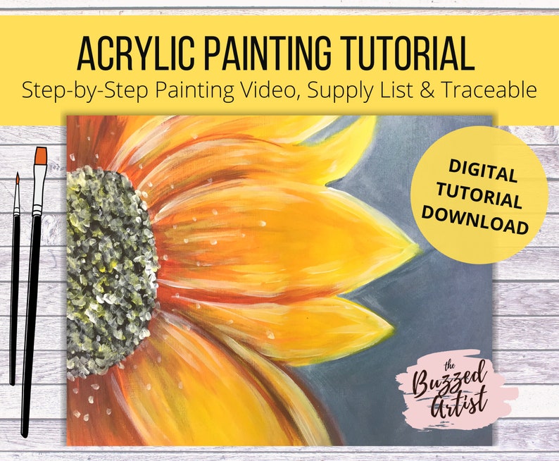 sunflower acrylic painting tutorial for beginners printable, step by step online tutorial, art video lessons, instant download