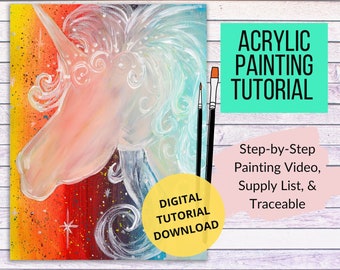 Rainbow Unicorn Canvas Painting Tutorial, Instant Download, learn how to paint with acrylics, art video lessons for beginners