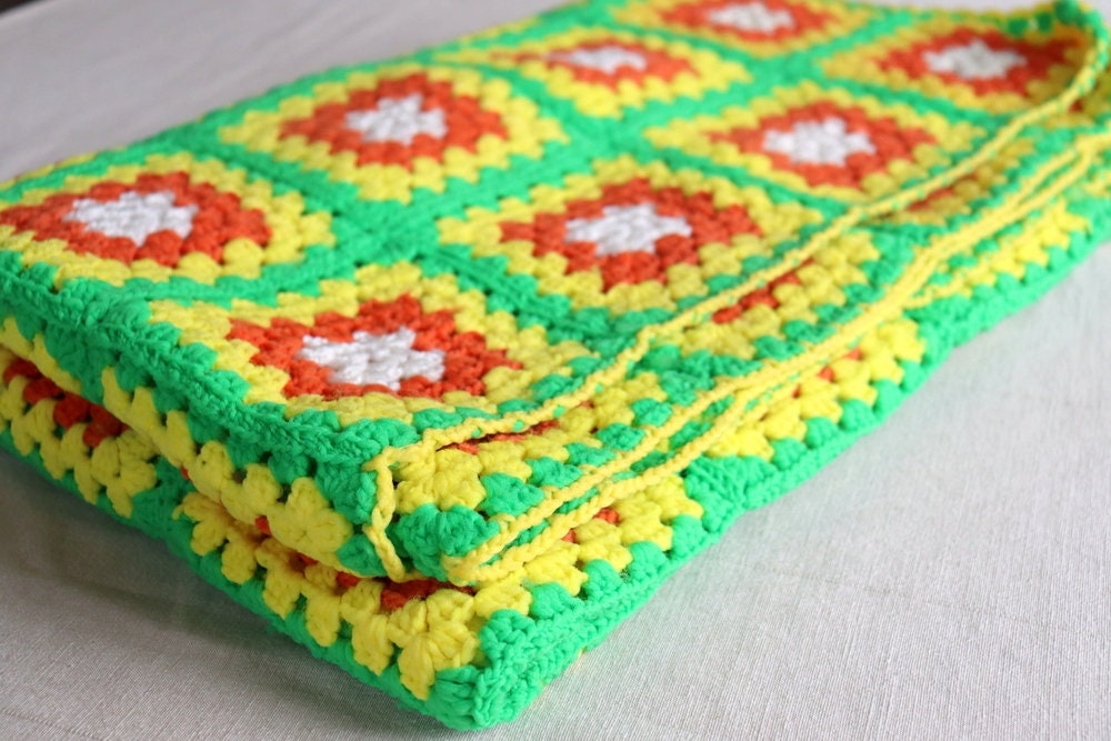 Vintage Handmade Granny Crochet Afghan Blanket Green Orange Yellow