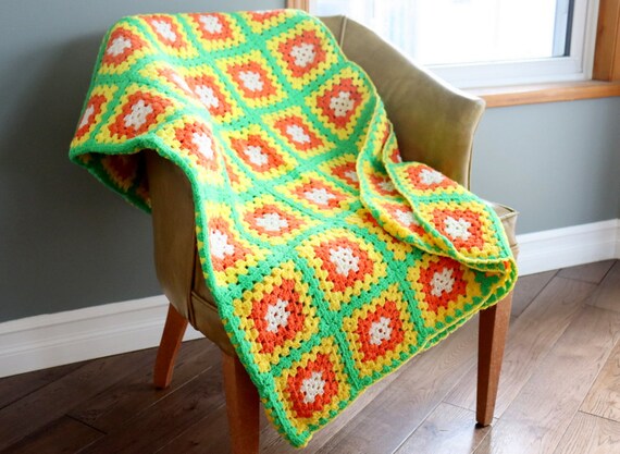 Vintage Handmade Granny Crochet Afghan Blanket Green Orange Yellow