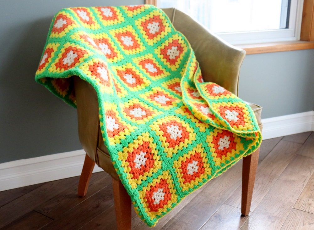 Vintage Handmade Granny Crochet Afghan Blanket Green Orange Yellow 48 X 62 Etsy