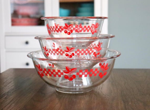 Set of 3 Vintage Pyrex Red Cherry Gingham Check Clear Bowls #322