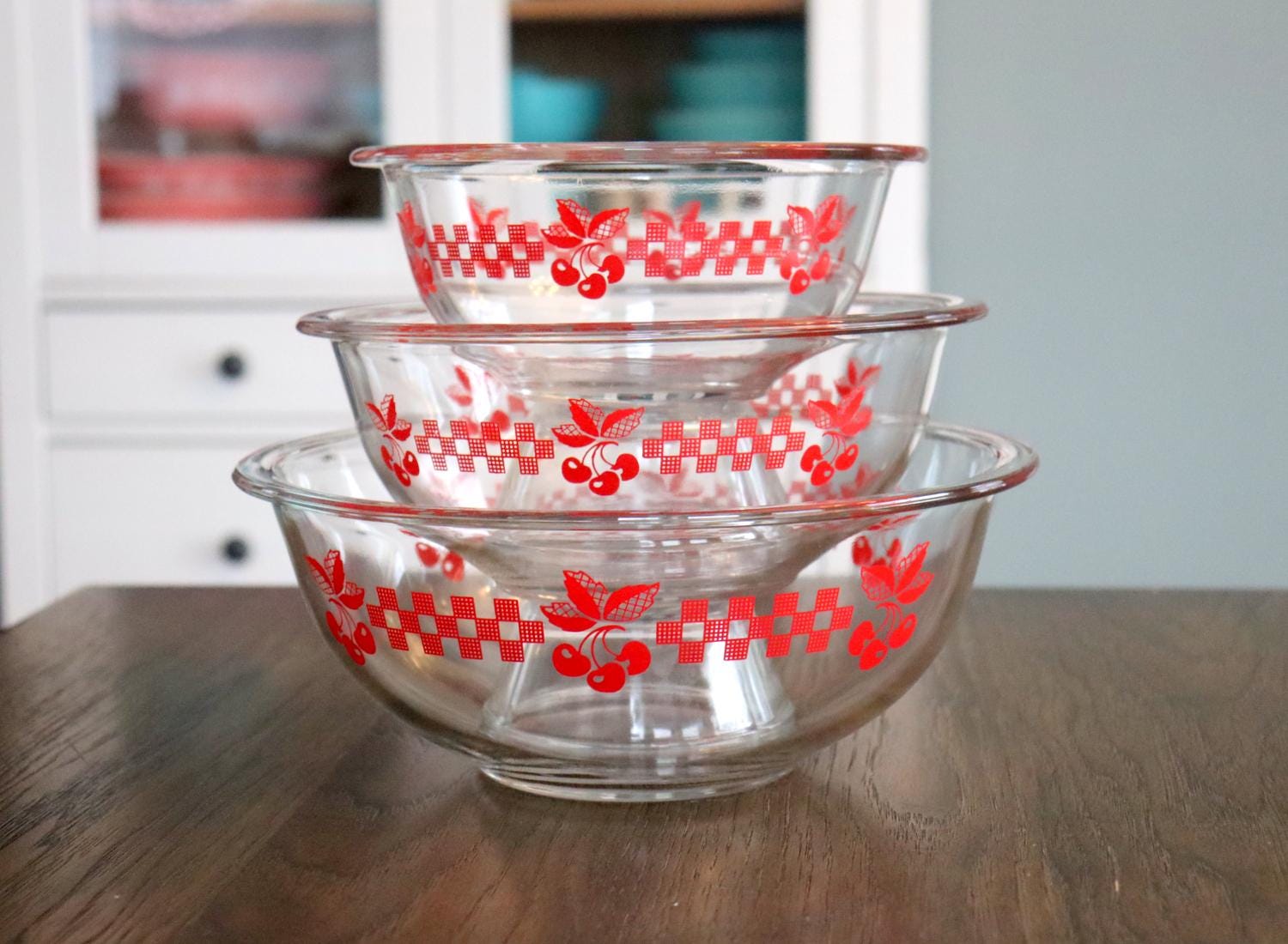 Set of 3 Vintage Pyrex Red Cherry Gingham Check Clear Bowls #322