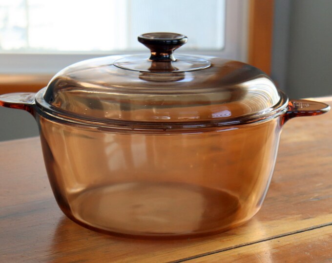 Vintage Corning Glass Cooking Pot With Lid 4.5L Dutch Oven Amber Retro