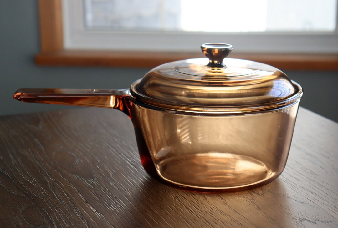 Vintage Vision Corning Glass Cooking Pot With Lid 1.5L Amber Glass
