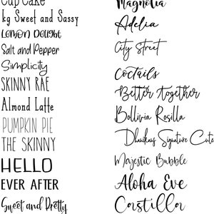 Peut inclure: Une collection de mots et d'expressions en noir, dans diff&eacute;rentes polices, comme "Cup Cake" et "Magnolia". Les mots sont affich&eacute;s sur un fond blanc, pr&eacute;sentant une vari&eacute;t&eacute; de styles typographiques.