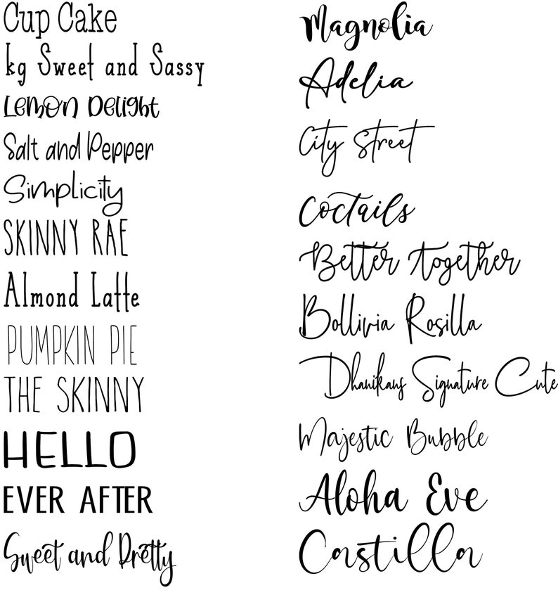 Peut inclure: Une collection de mots et d'expressions en noir, dans diff&eacute;rentes polices, comme "Cup Cake" et "Magnolia". Les mots sont affich&eacute;s sur un fond blanc, pr&eacute;sentant une vari&eacute;t&eacute; de styles typographiques.