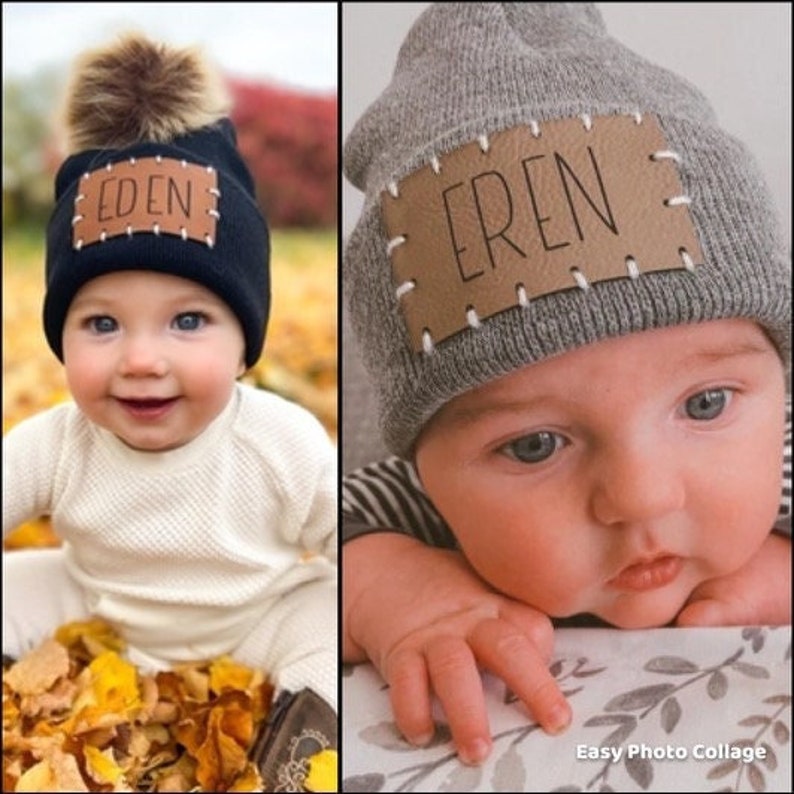 Peut inclure: Deux images de b&eacute;b&eacute;s portant des bonnets personnalis&eacute;s. Un b&eacute;b&eacute; porte un bonnet bleu marine avec un patch en cuir marron avec le mot "EDEN" et un pompon marron. L'autre b&eacute;b&eacute; porte un bonnet gris avec le mot "EREN" sur un patch en cuir marron.