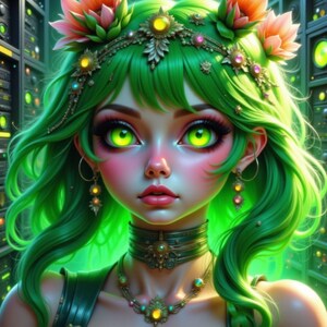 May include: A digital art portrait of a woman with green hair and glowing green eyes. She wears a floral crown, ornate jewelry, and a choker. The background features a futuristic, tech-inspired design with glowing lights.