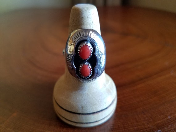 Navajo Sterling Silver & Coral Ring by Mary Chavez - image 1