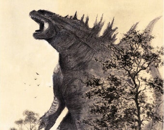 Godzilla-Kunstplakat. Handsigniert vom Originalkünstler.