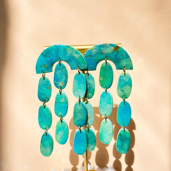 The Mira Dangle in Turquoise Green Aqua Blue Gold Shimmer | Handmade Polymer Clay Earring | Bright Colorful Chandelier Statement Earring