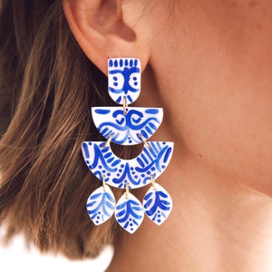 SANTORINI | Mediterranean | Greece Inspired | Travel Jewelry | Blue and White | Vacation | Colorful Handmade Statement Polymer Clay Earring