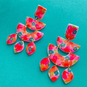 CLEO Colorful Neon Florals Hand Made To Order Polymer Clay Earring Neon Pink Orange Blue image 2